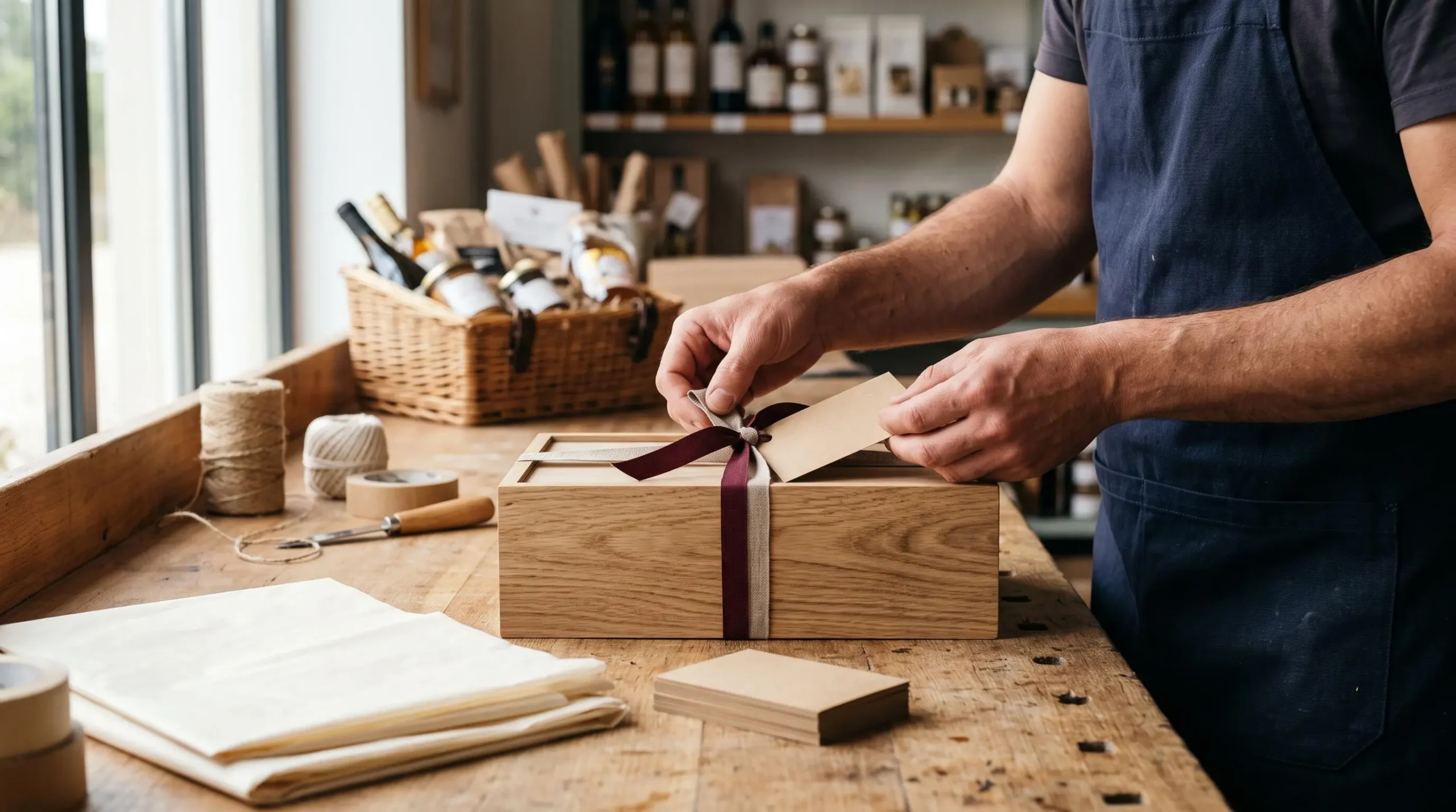 Les mains d'un artisan nouent un ruban autour d'un coffret en bois et glissent une carte cadeau kraft sous le nœud.